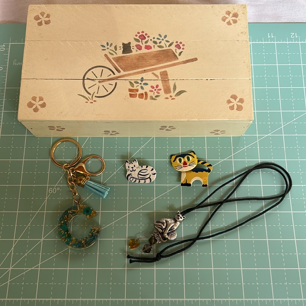 Trinket box stencil decoration with painted interior with accessories